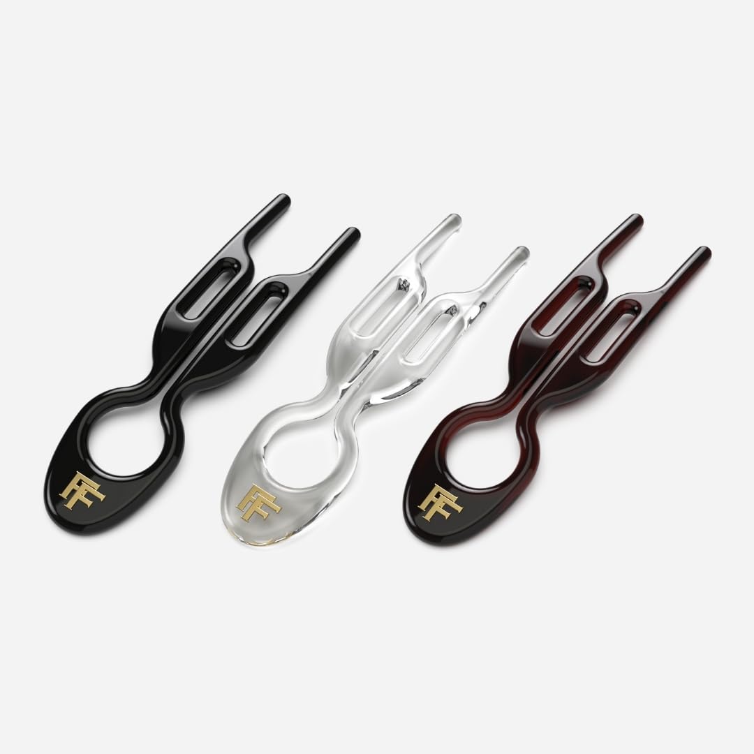 Fiona Franchimon hairpins in black transparent and brown colors organized neatly inside the premium collection box