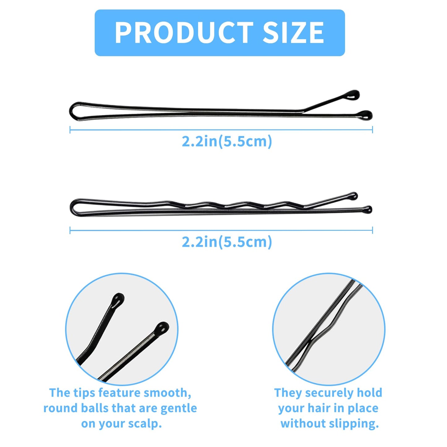 Close up of 55 mm premium metal hairpins demonstrating the protective ball tips.