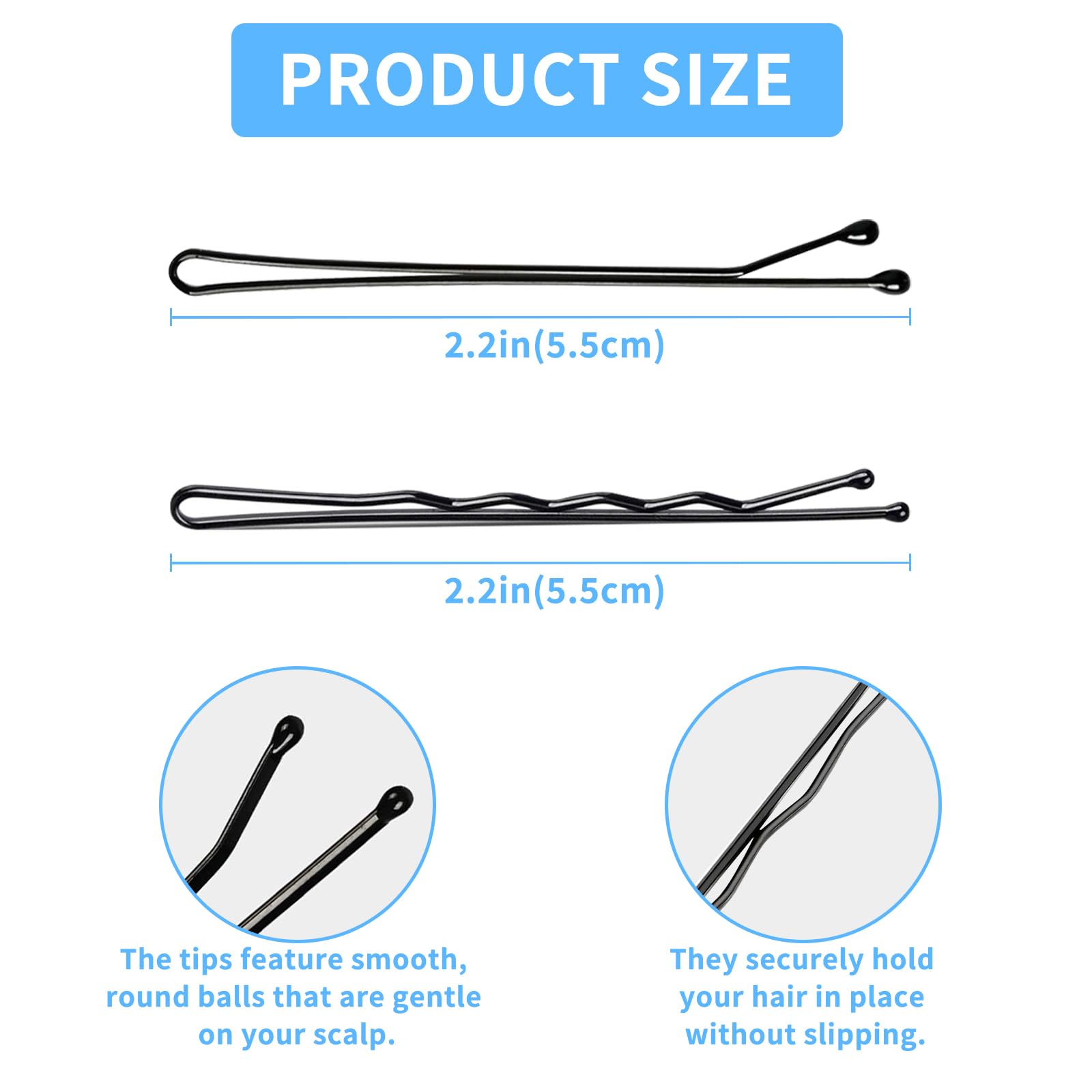 Close up of 55 mm premium metal hairpins demonstrating the protective ball tips.