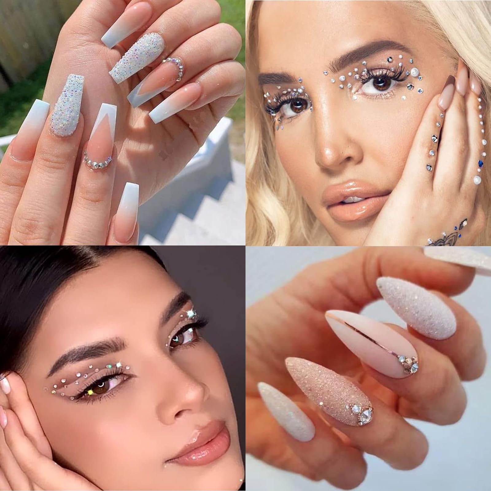 Collection of white pearls and glass crystals for DIY manicure