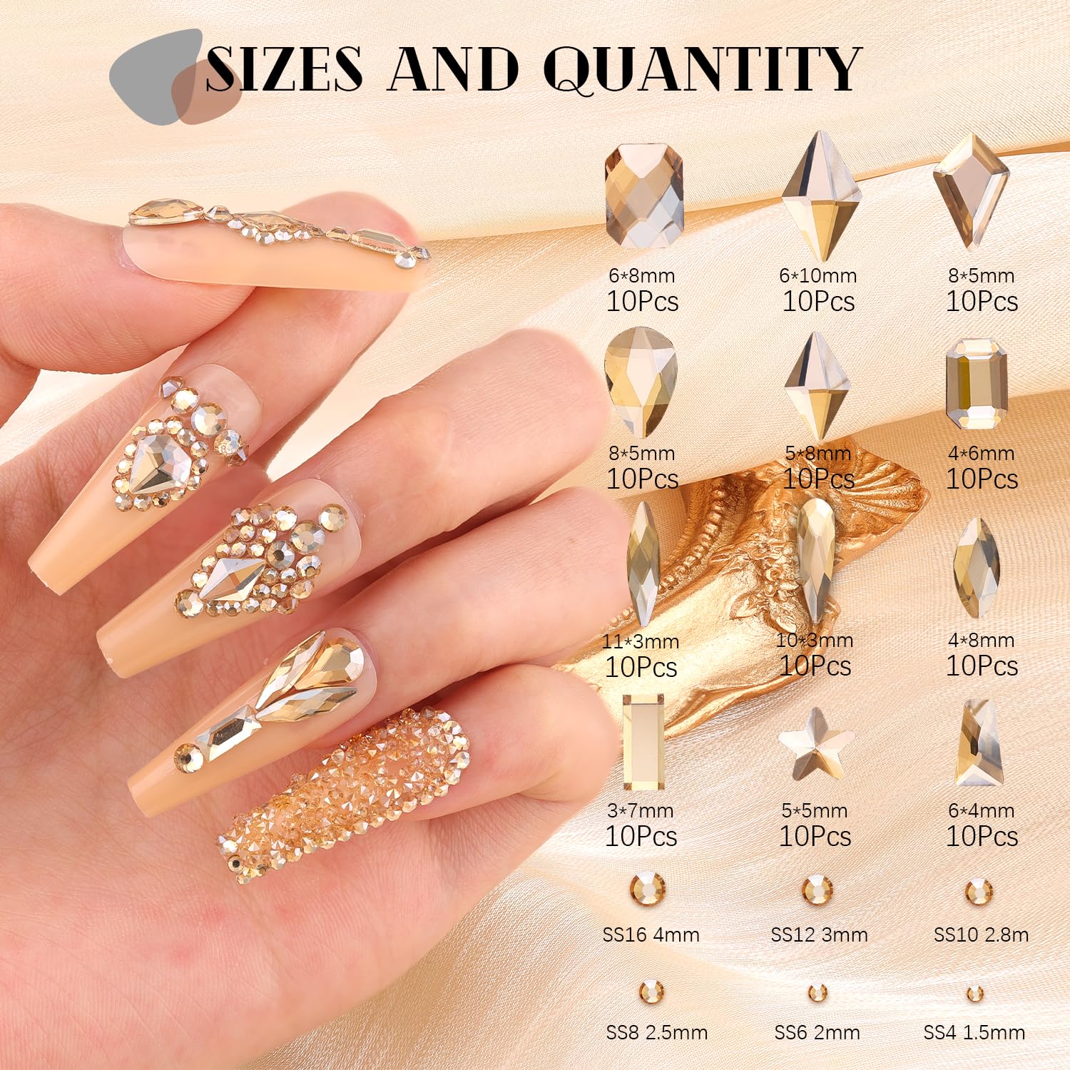 Close up of Belleboost champagne gold flatback nail crystals