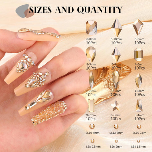Close up of Belleboost champagne gold flatback nail crystals