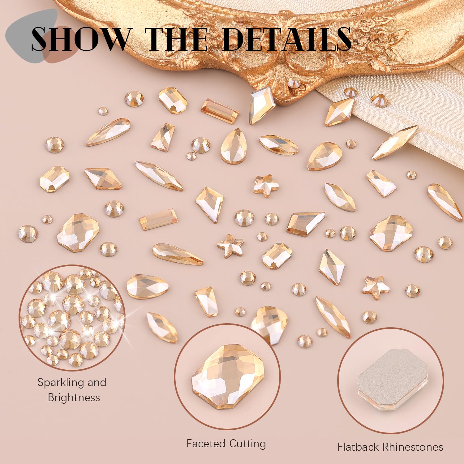 Assorted shapes and sizes of gold nail gems by Belleboost