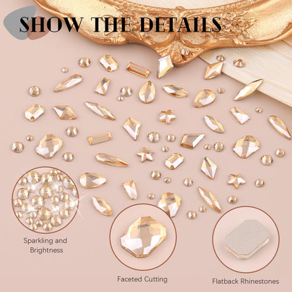 Assorted shapes and sizes of gold nail gems by Belleboost