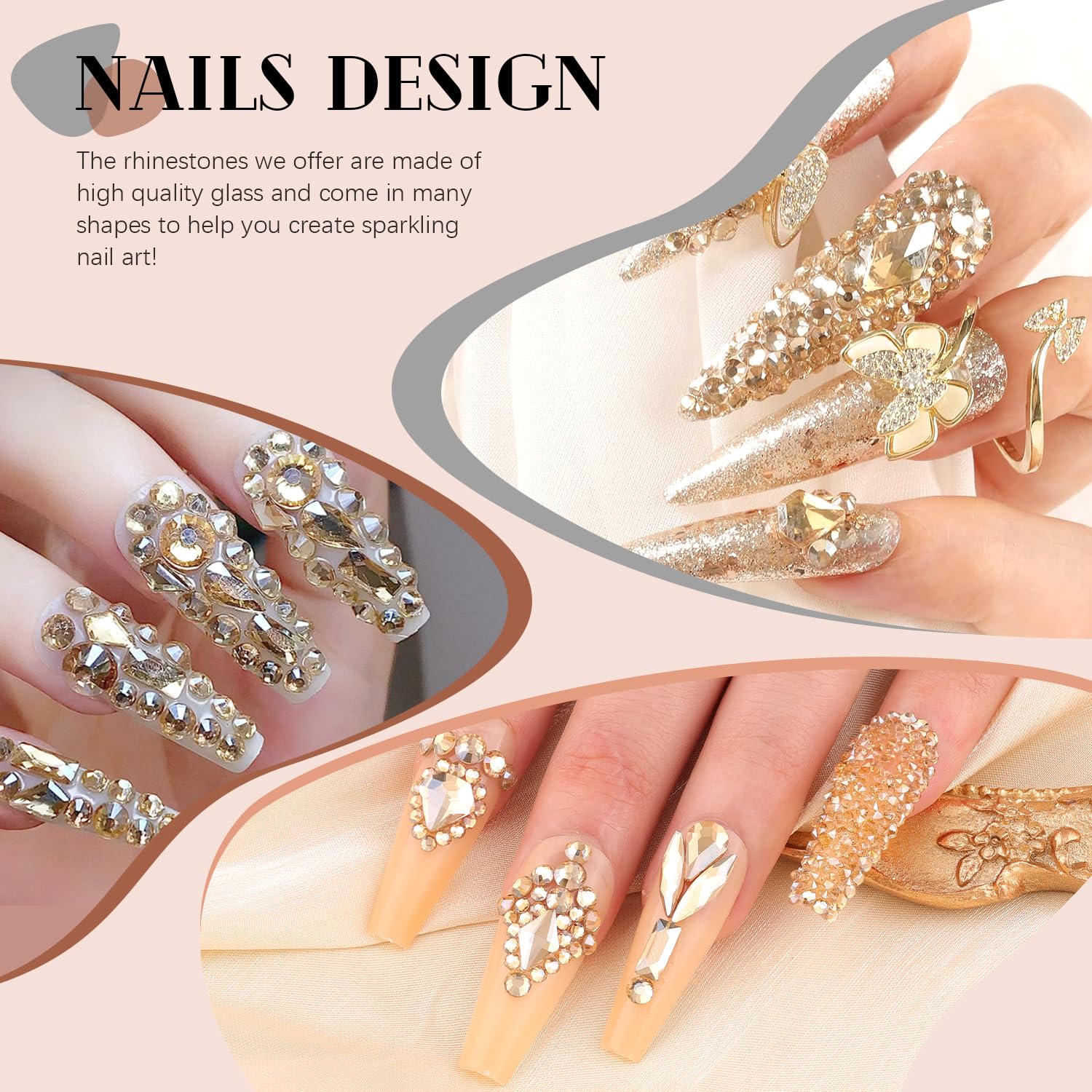 Top down view of gold nail art rhinestones in containers