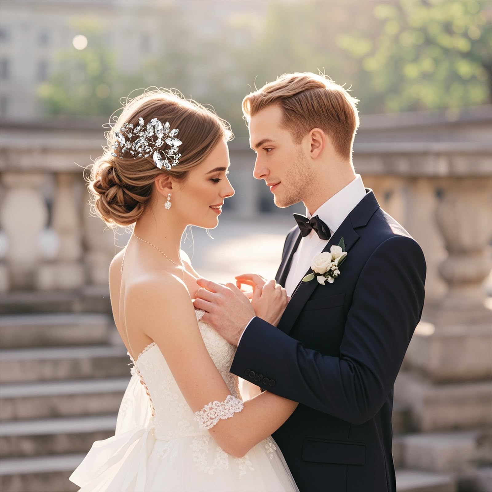 SHEHARUHI rhinestone bridal hair accessories showing the sturdy alloy pin prongs.