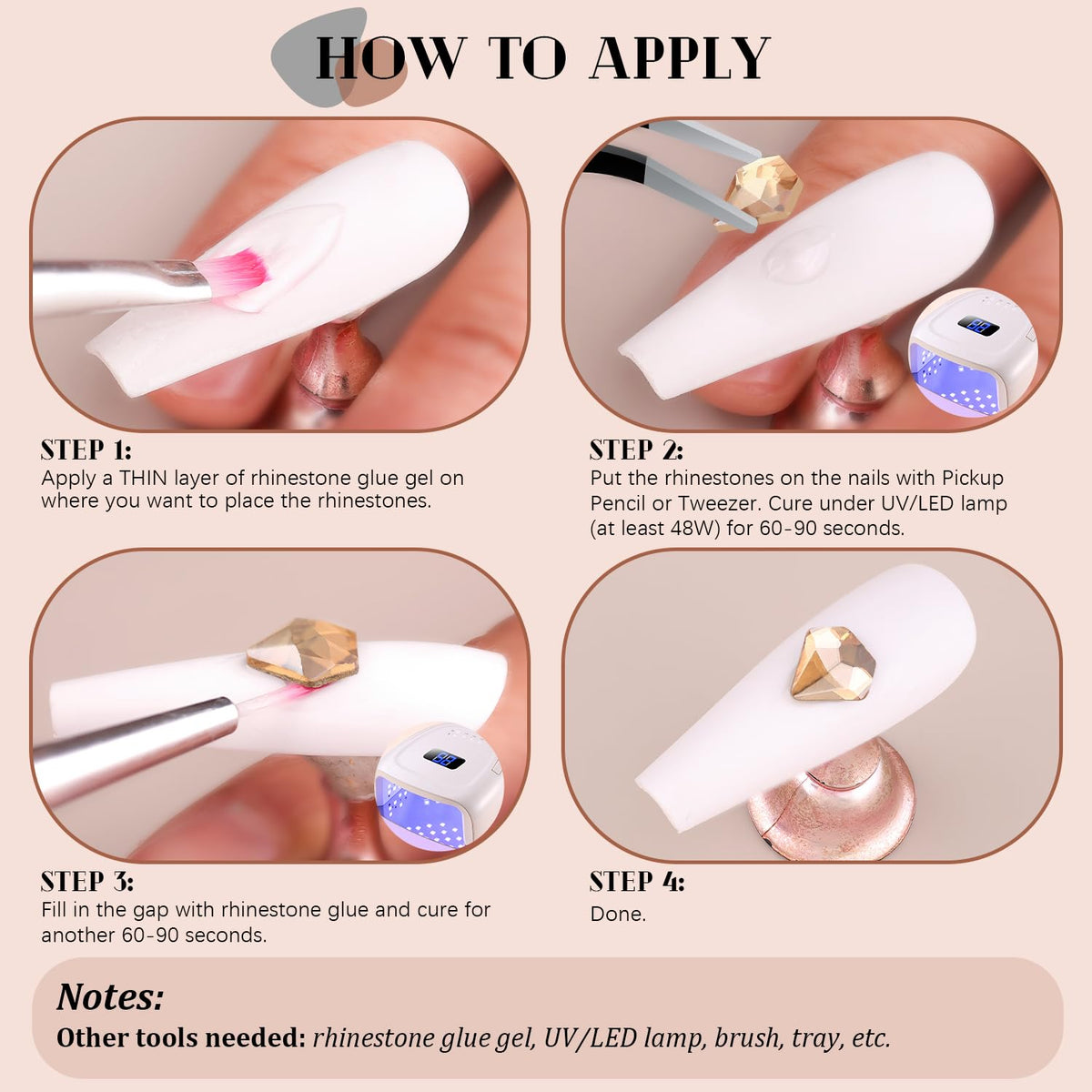 Champagne gold rhinestones displayed on artificial nail art