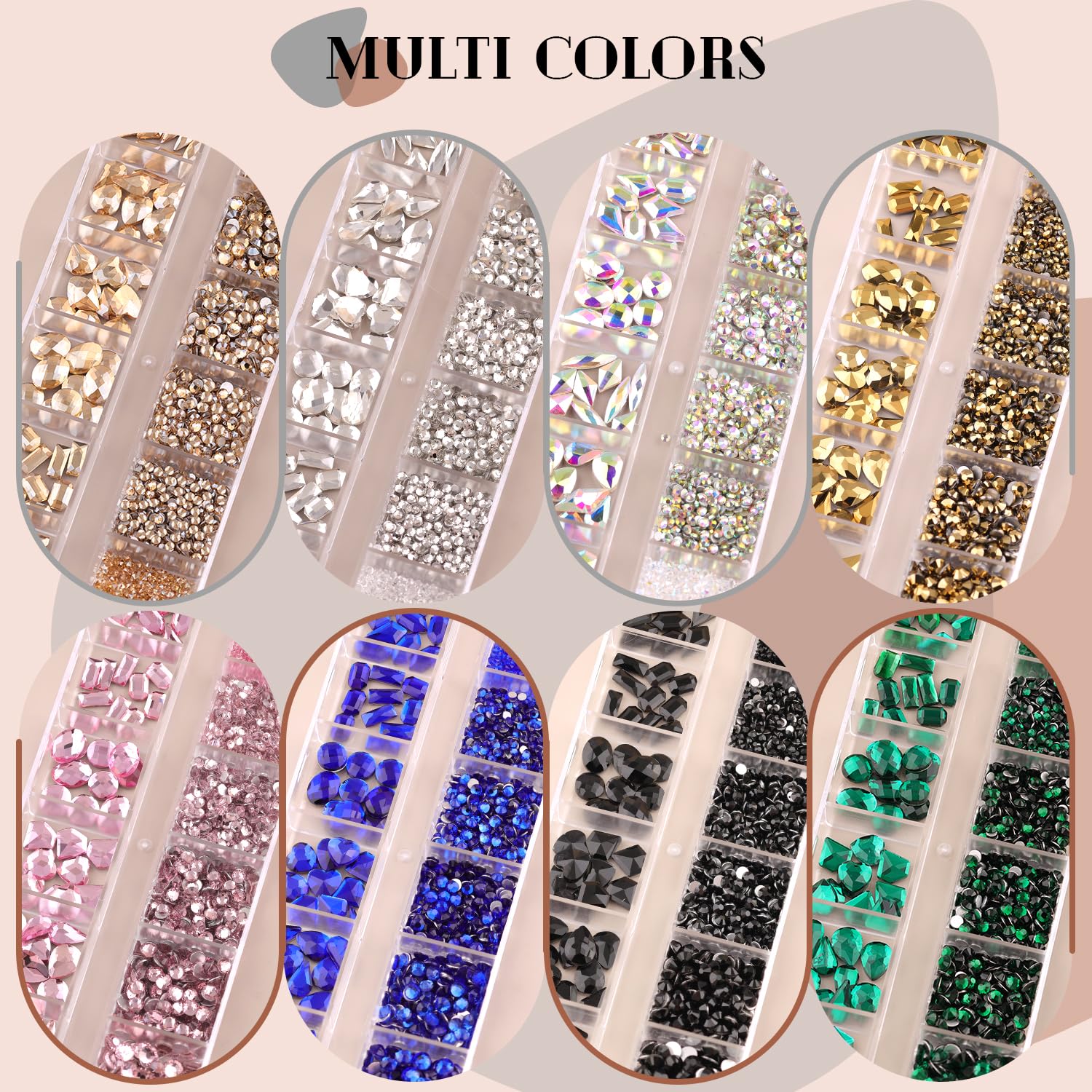Package contents of 3220 piece Belleboost gold rhinestone set