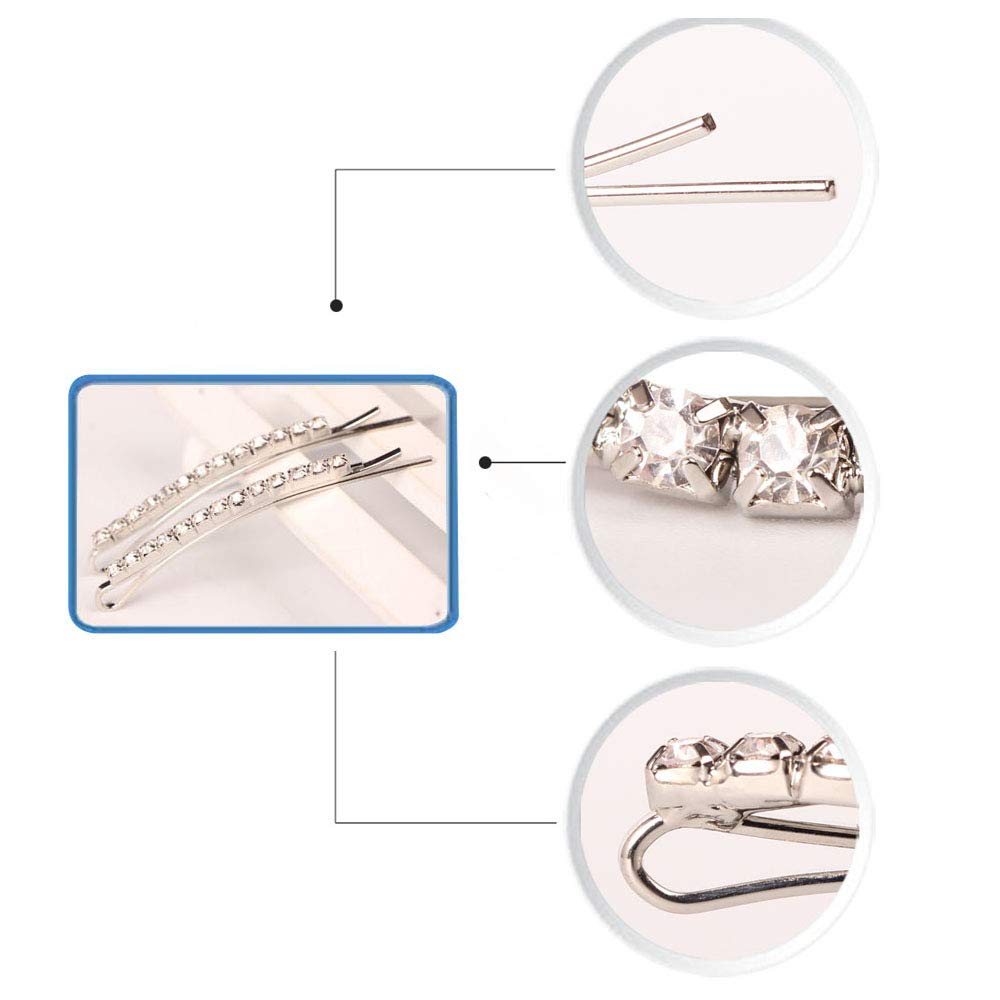 Twelve pieces of sparkling crystal hair pins arranged on a white background
