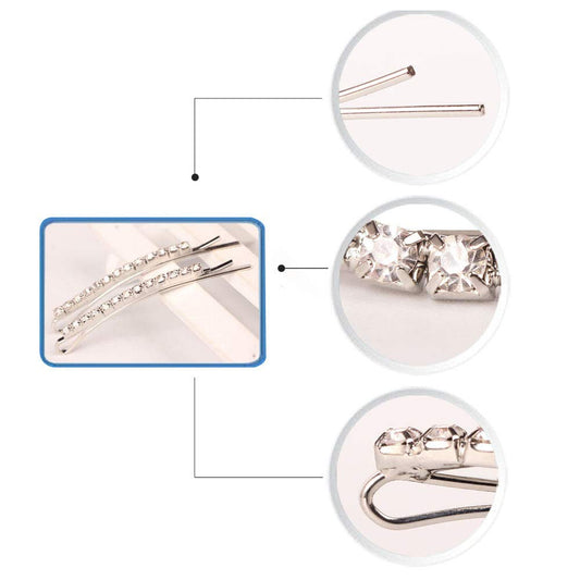 Twelve pieces of sparkling crystal hair pins arranged on a white background