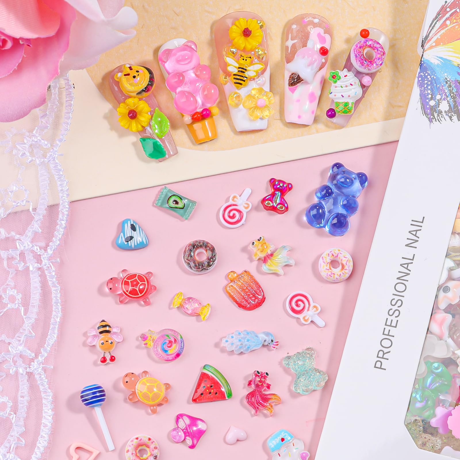 Assorted gummy bear and fruit nail art embellishments