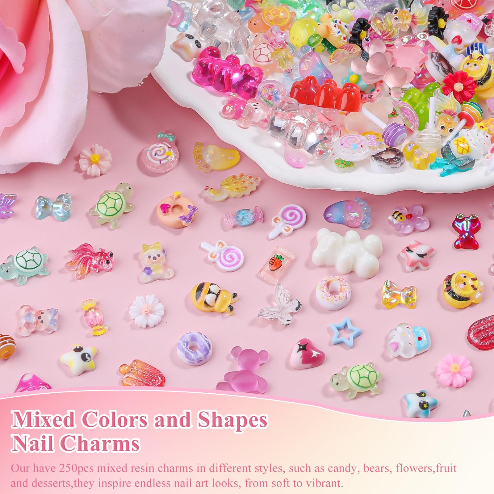 Close up of EditTime candy themed nail charms