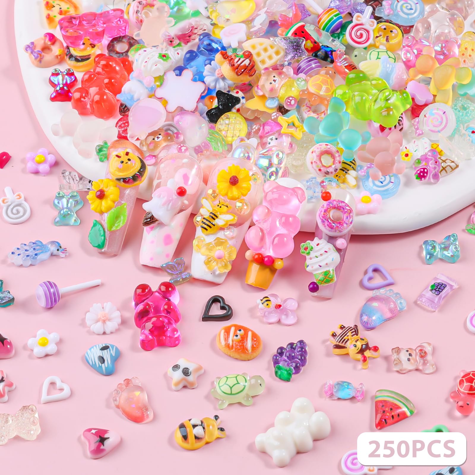 Manicure showcasing 3D kawaii nail art charms