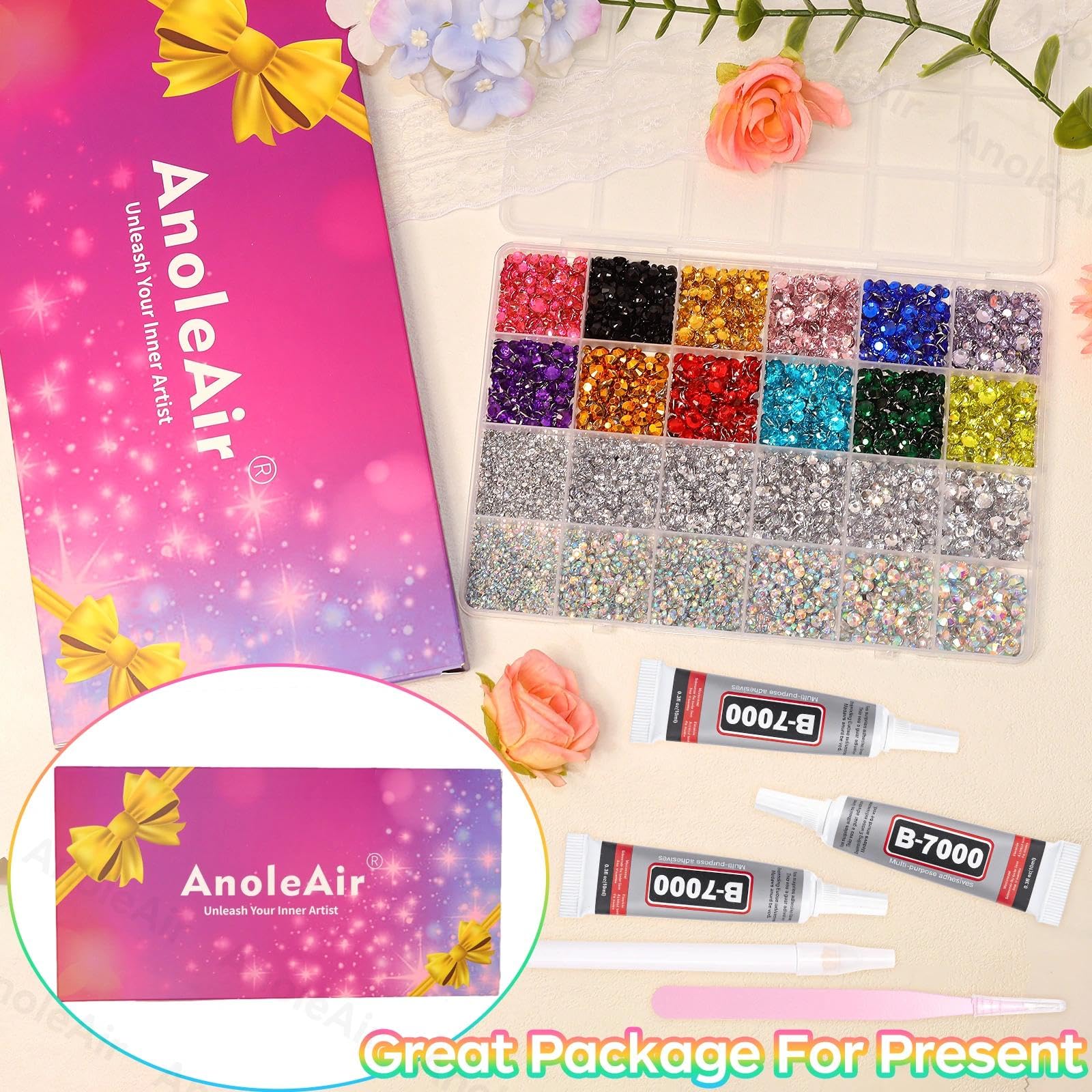 AnoleAir rhinestones organized by size in partitioned storage container