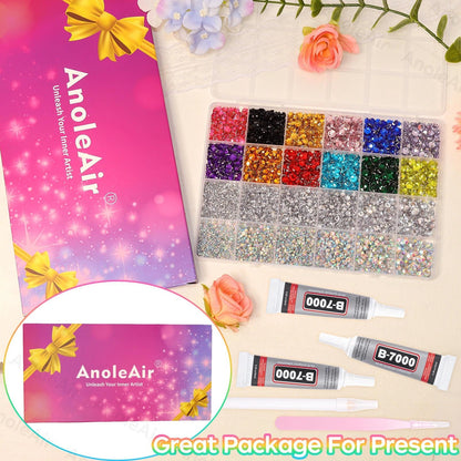 AnoleAir rhinestones organized by size in partitioned storage container