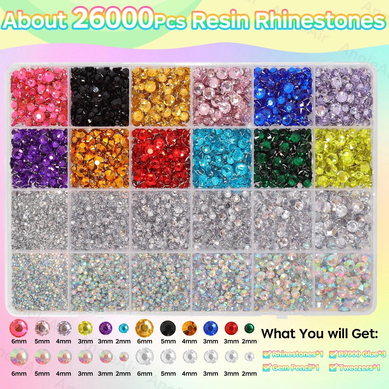 Close up of colorful resin flatback gems in various sizes