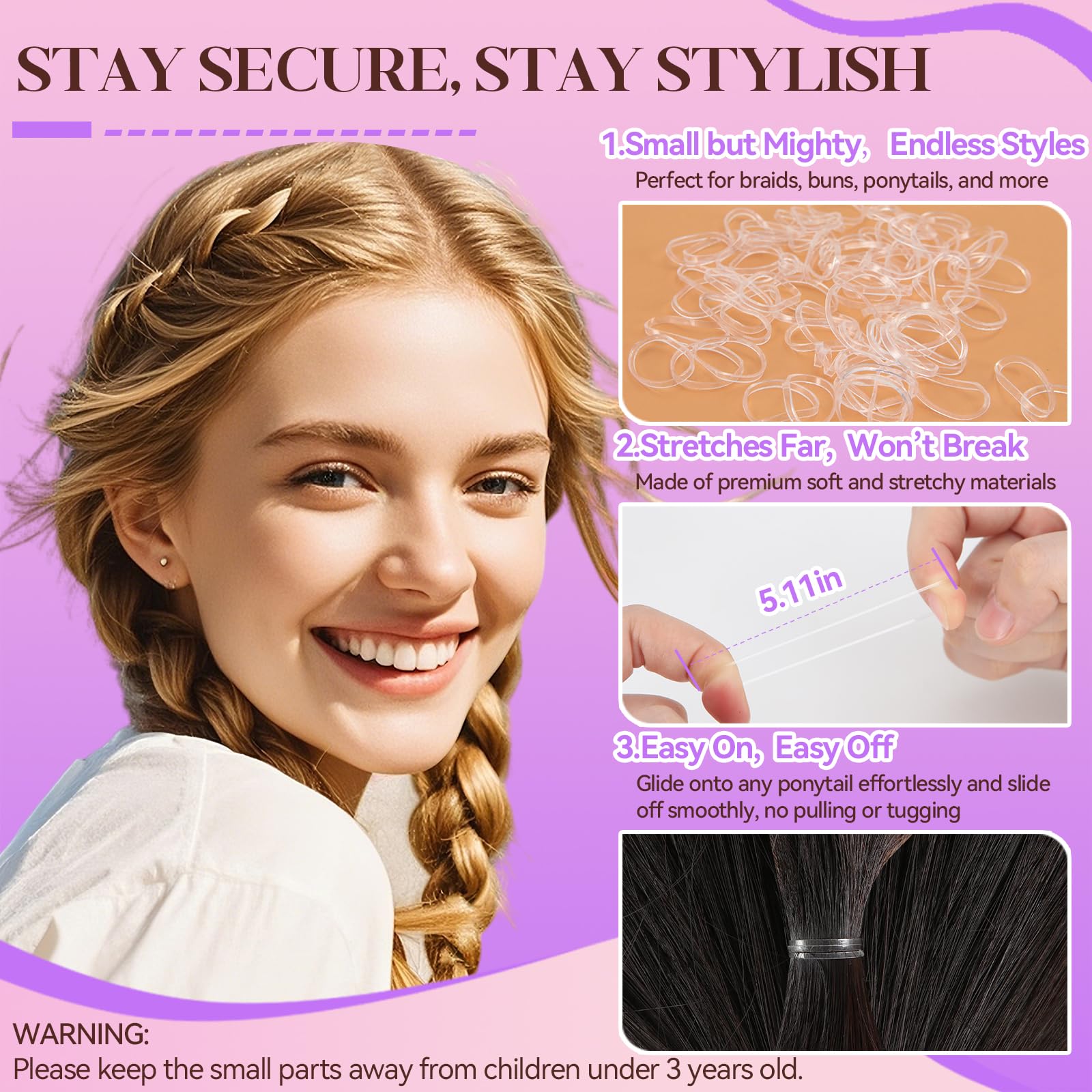 Clear elastic hair ties for discrete sectioning and braiding