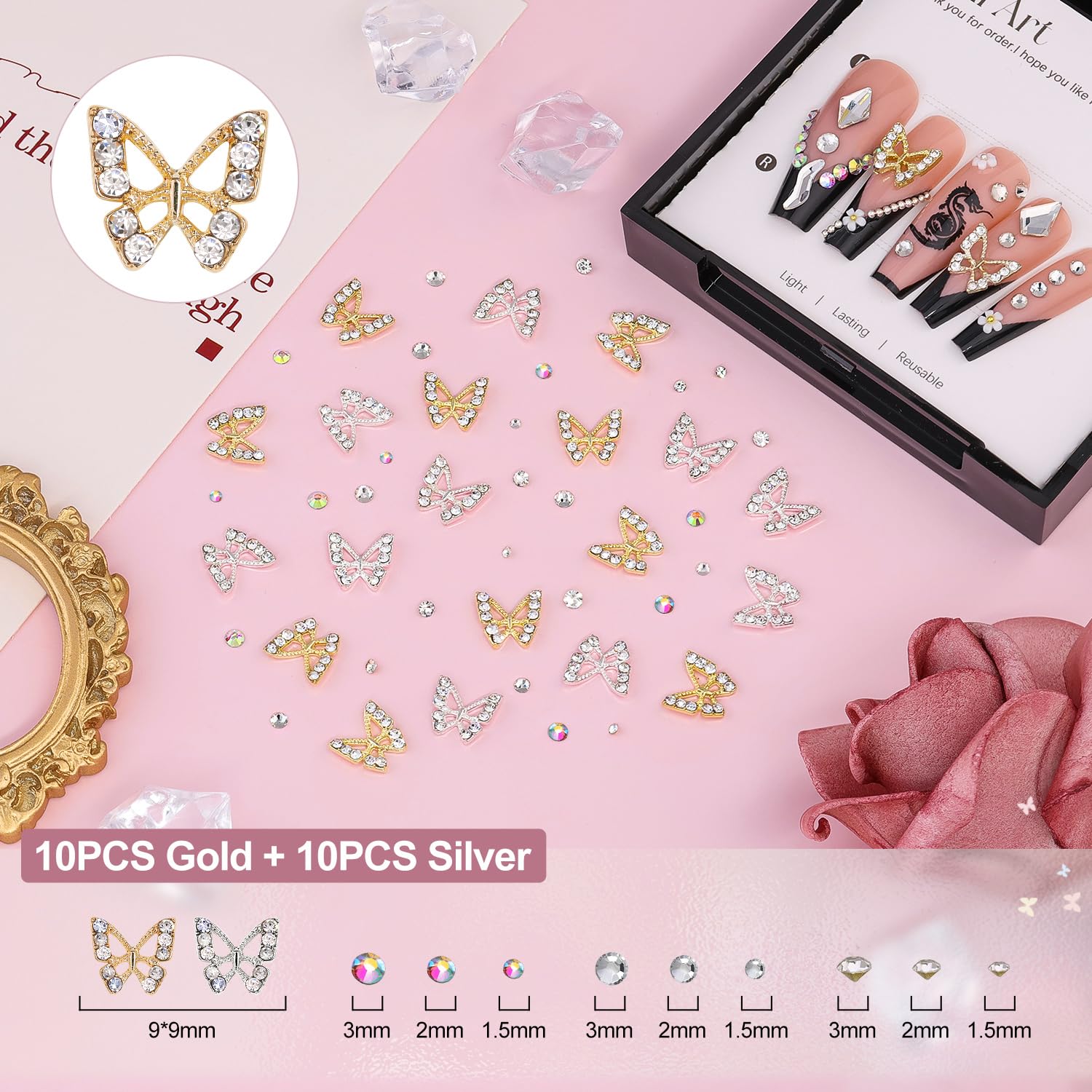 Belleboost coquette nail bows and heart charms in 12-grid storage case.