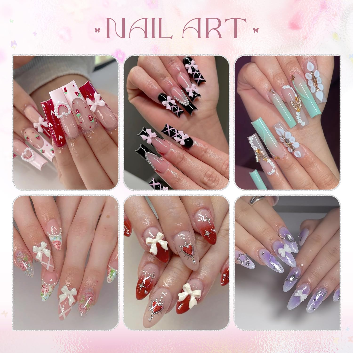 Belleboost nail charms set displayed on a variety of nail art samples.