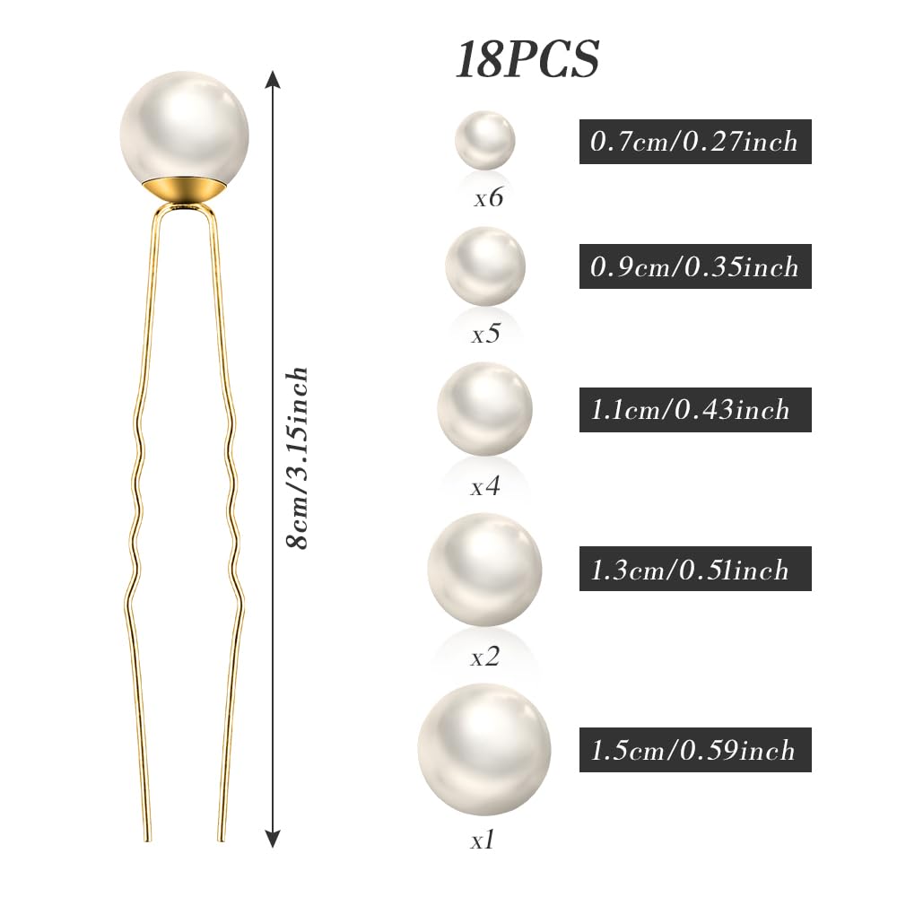 A set of eighteen bridal pearl bobby pins in multiple dimensions arranged neatly to showcase the gold-tone finish.