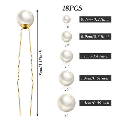 A set of eighteen bridal pearl bobby pins in multiple dimensions arranged neatly to showcase the gold-tone finish.