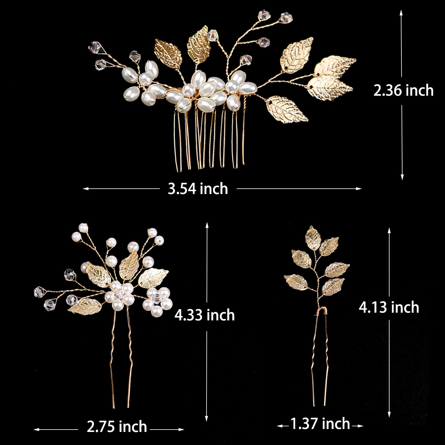 Three gold leaf wedding hair pins arranged neatly on a neutral background