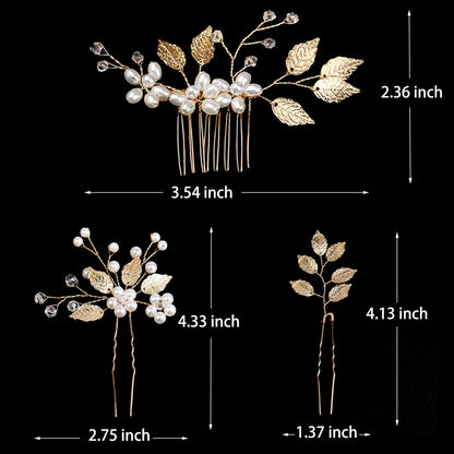 Three gold leaf wedding hair pins arranged neatly on a neutral background