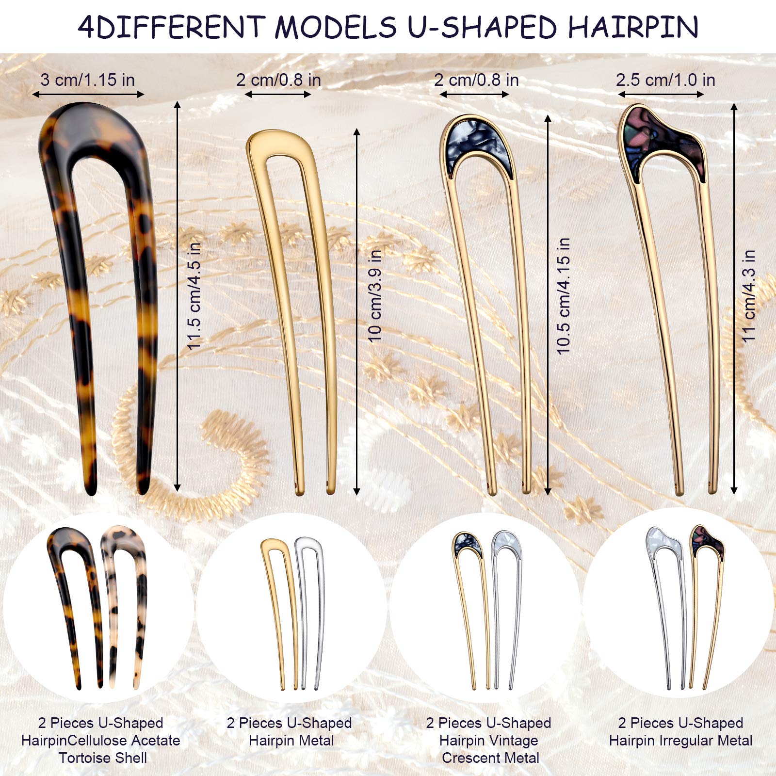 Eight pieces of French style hair forks displayed flat to showcase diverse tortoise shell designs