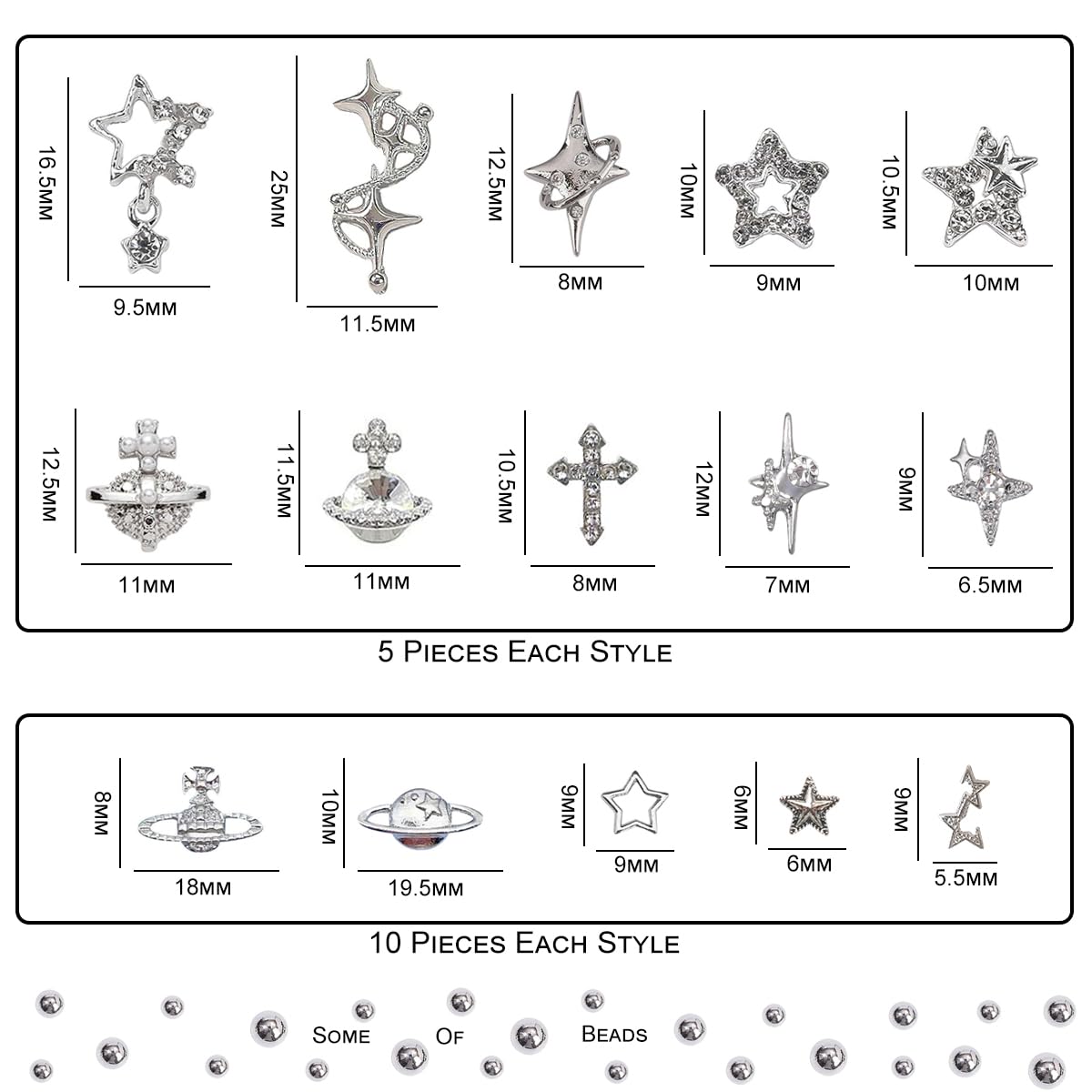 Silver planet and cross nail art gems collection