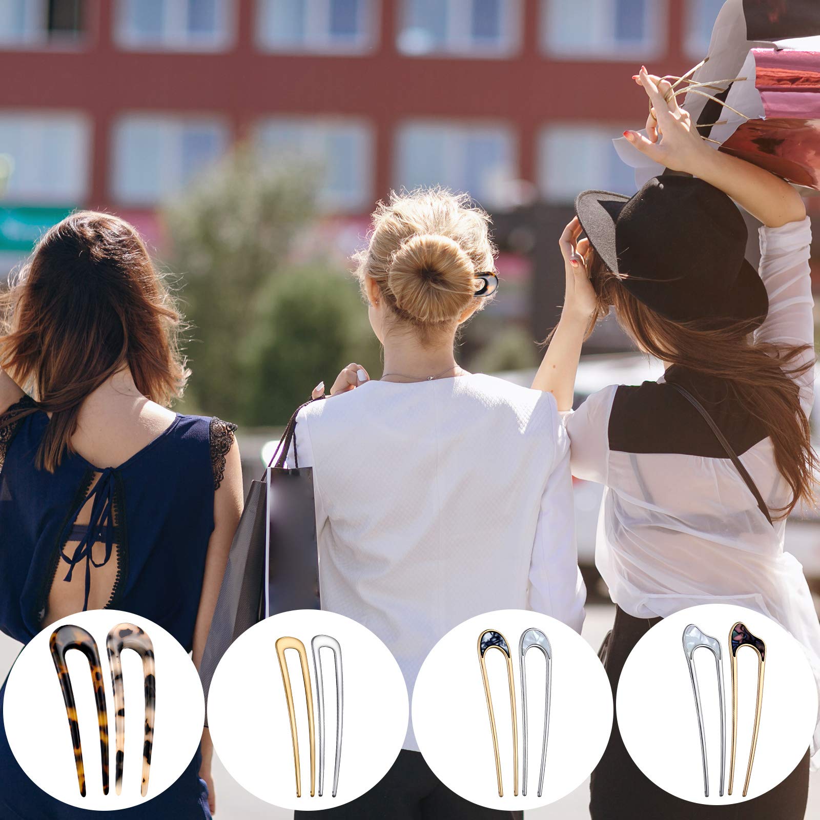 Side angle view of the elegant metal fork hair pin securing a classic messy bun hairstyle