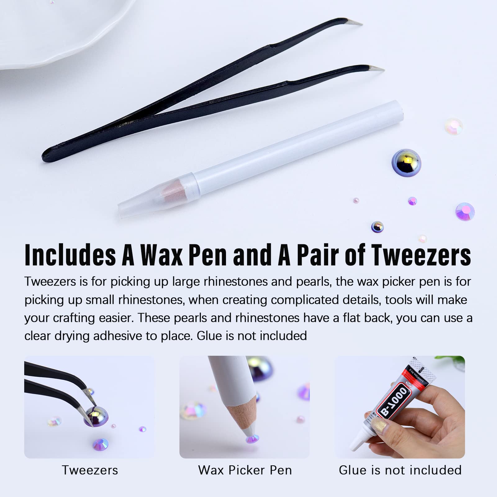 Hand holding wax pen placing small rhinestone on project