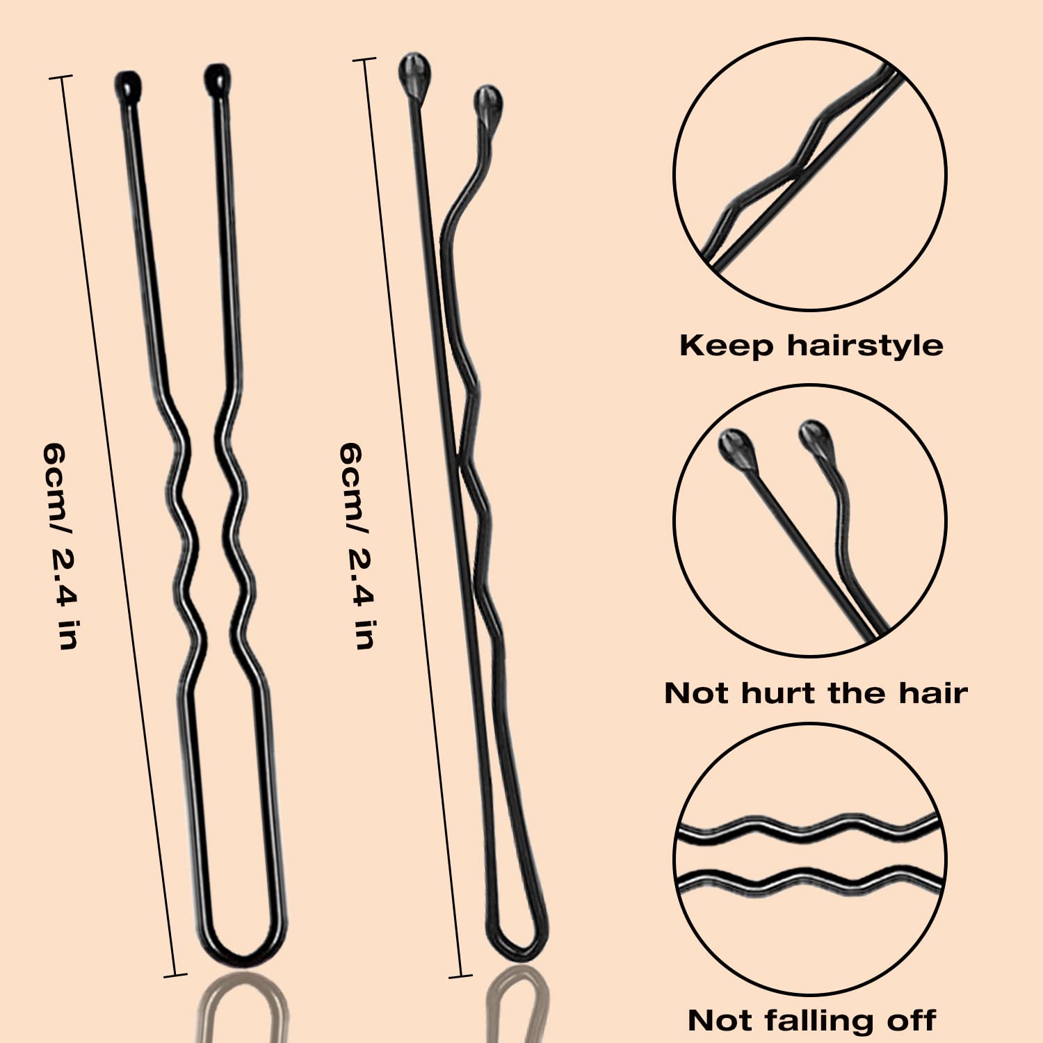 Extra long 7 cm black hair pins showcasing waved slide proof grip design