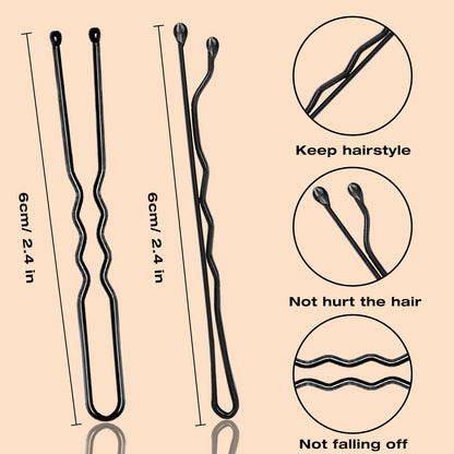 Extra long 7 cm black hair pins showcasing waved slide proof grip design