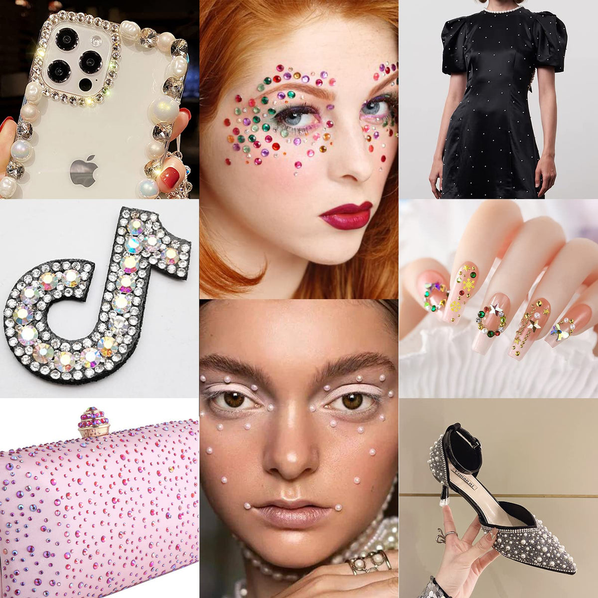 Side profile of flatback resin rhinestones and pearl texture