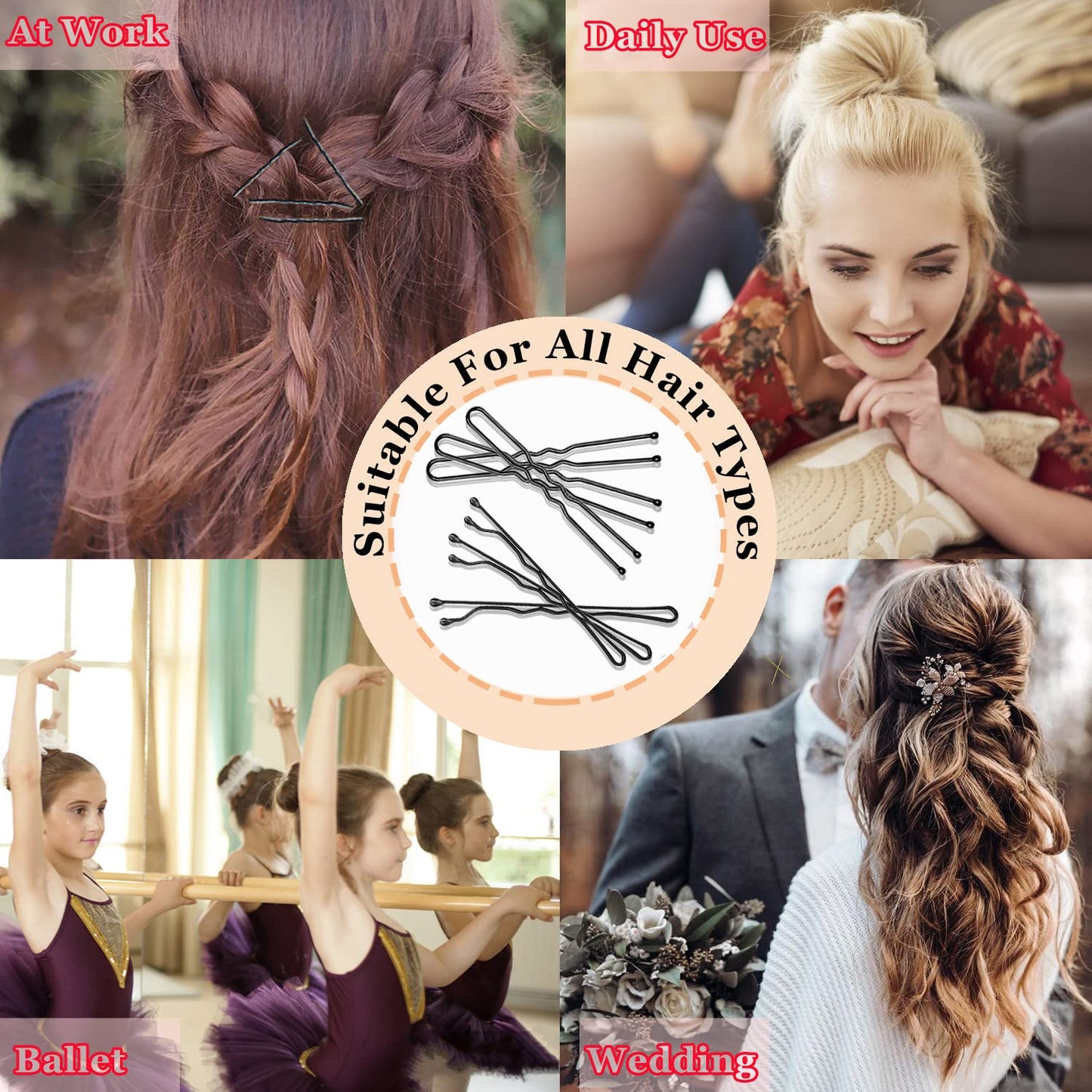 Rust resistant glossy black finish bobby pins spread out on clean surface