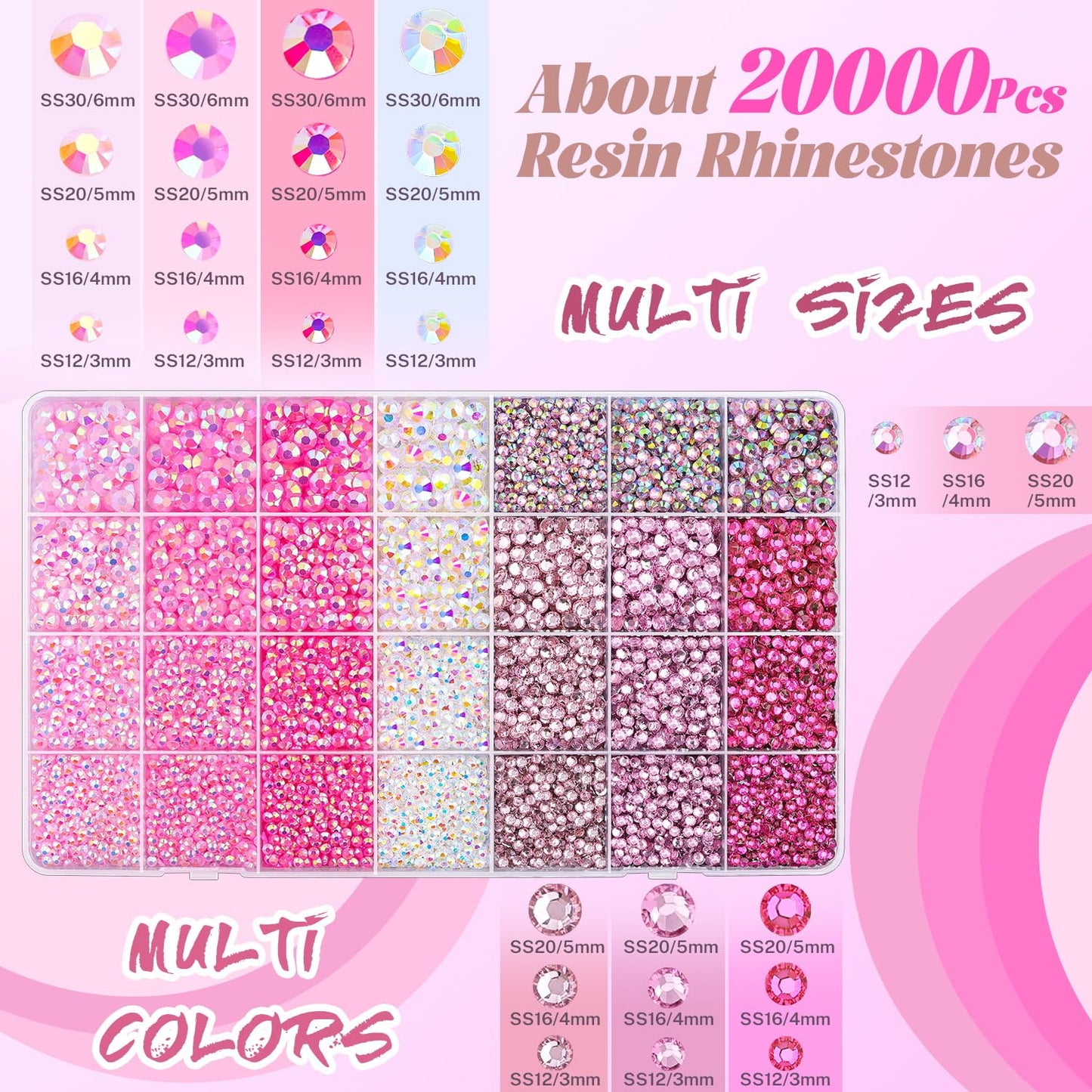 Pink resin rhinestones in 28-grid storage box