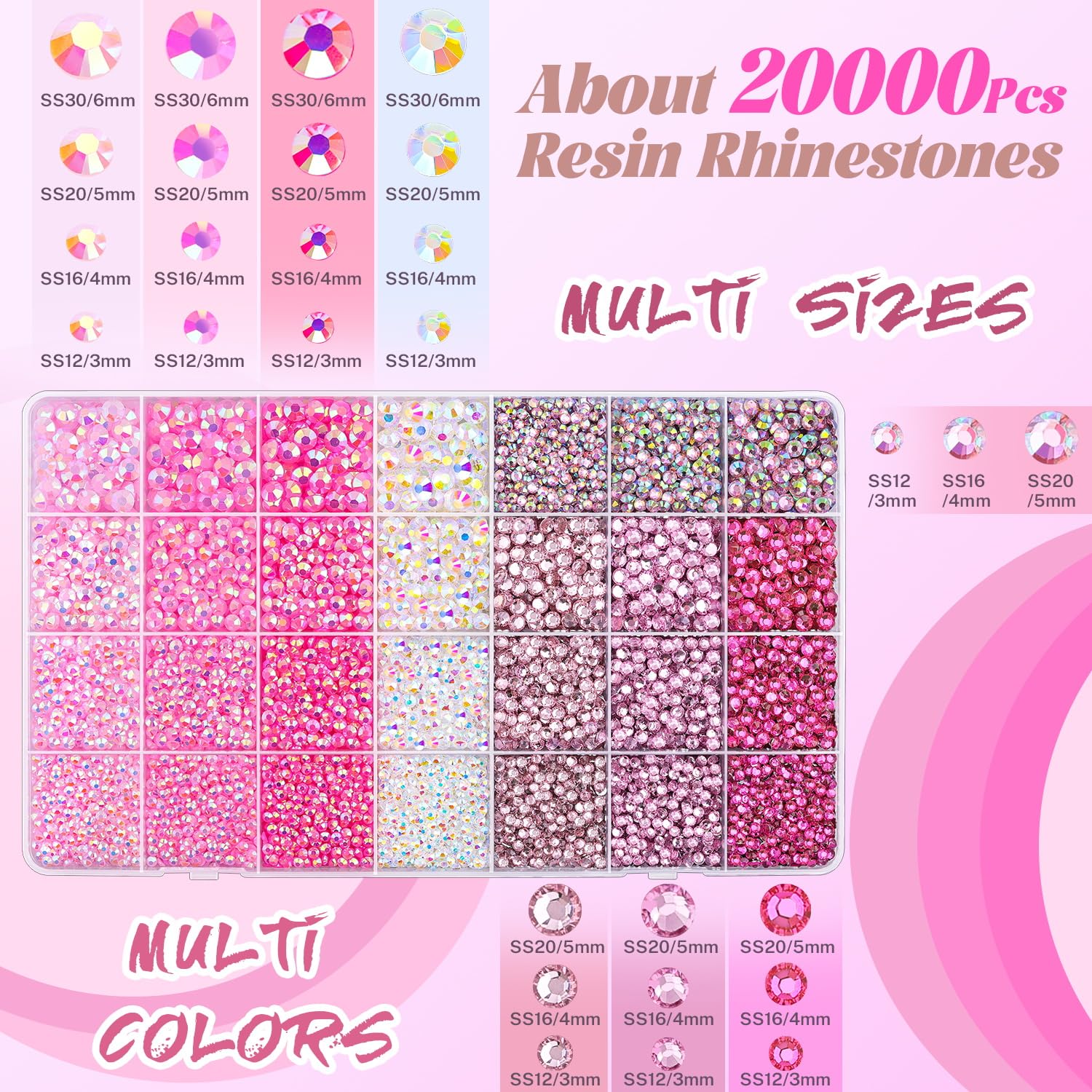 Pink resin rhinestones in 28-grid storage box