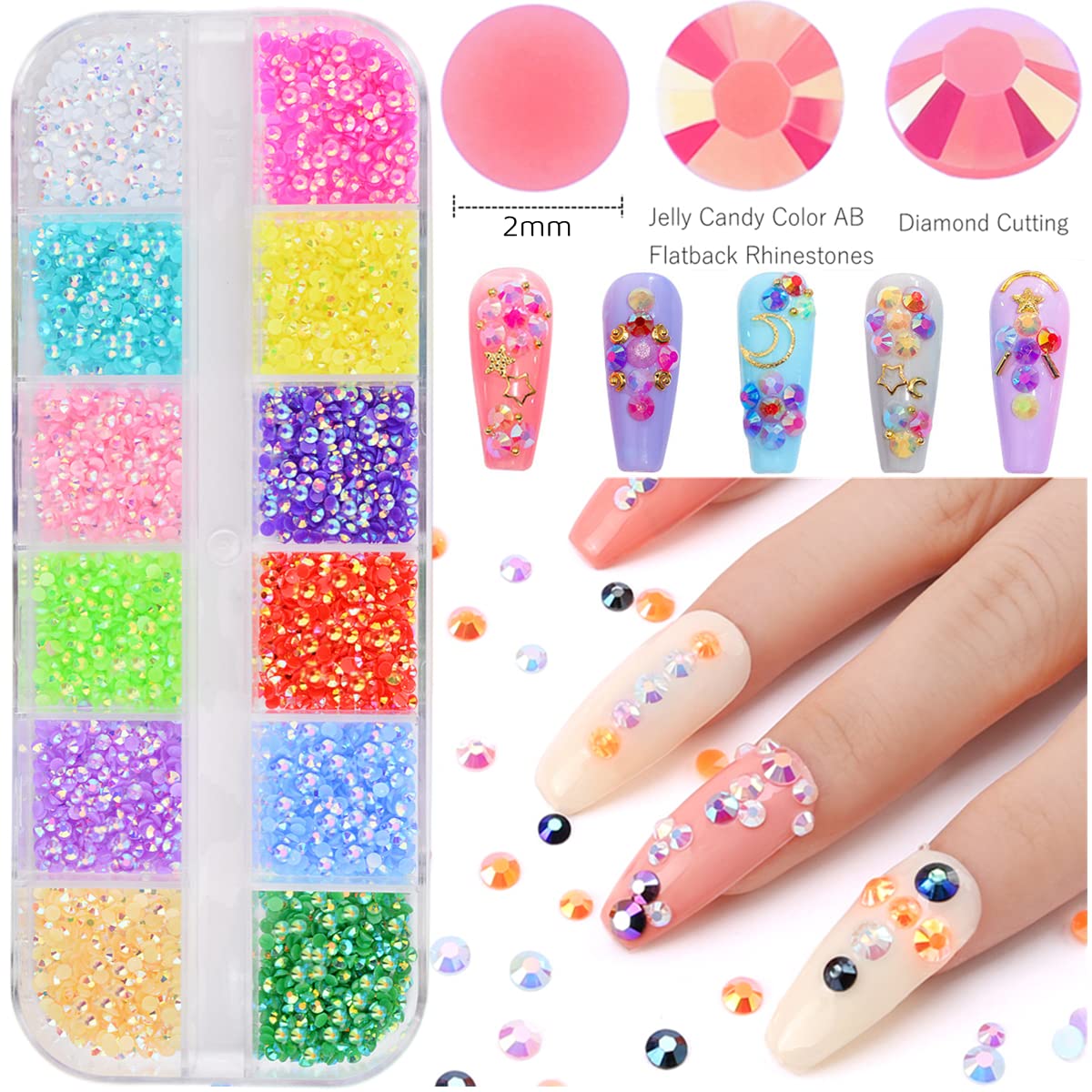 Detailed view of pearl and crystal embellishments for manicure salon designs.