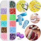 Manicure application setup featuring the editTime rhinestones and precision tools.