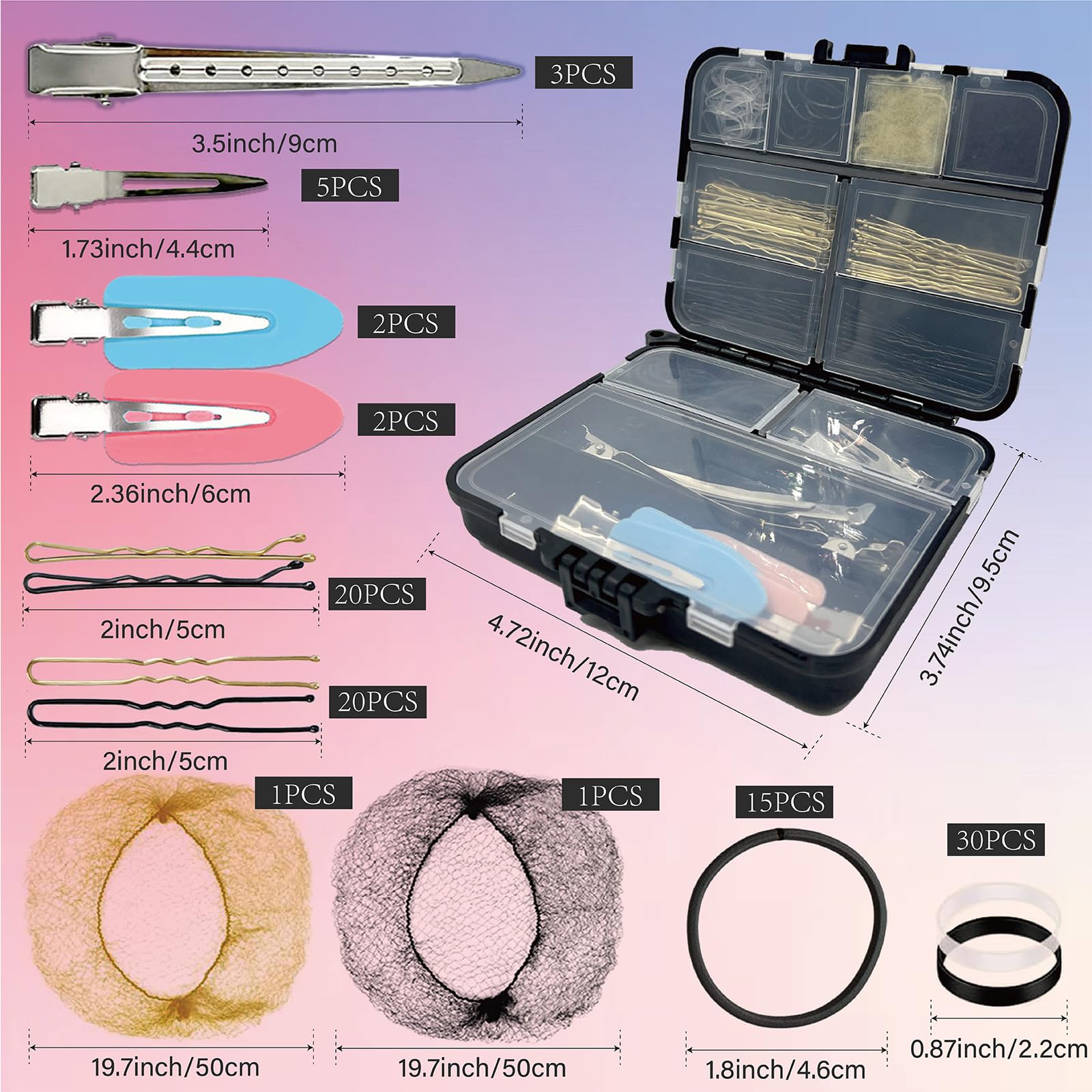 B1jounie YA professional dance hair styling set with assorted pins elastics and no bend makeup clips