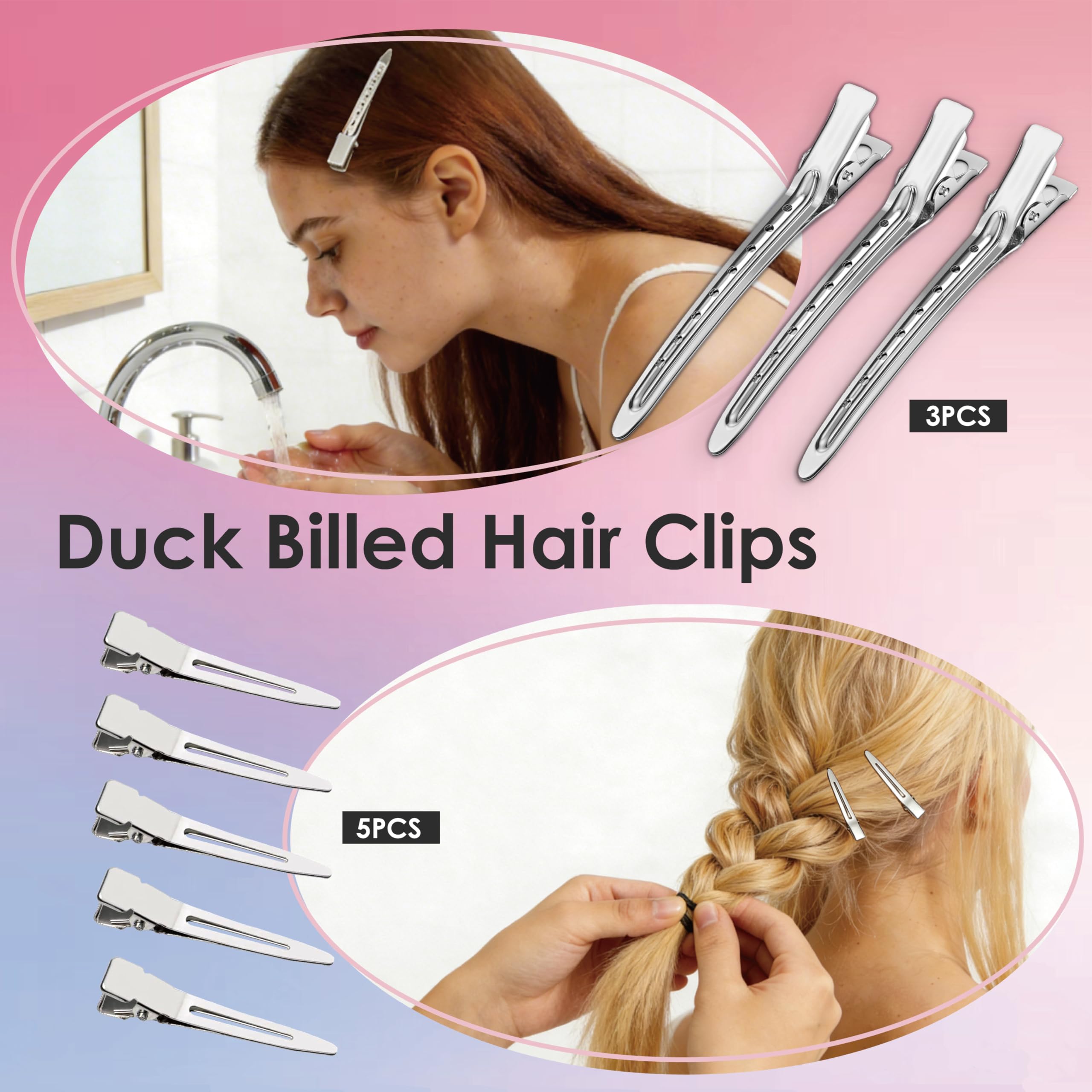 Close up view of B1jounie YA crease free no bend hair clips and duckbill sectioning clamps