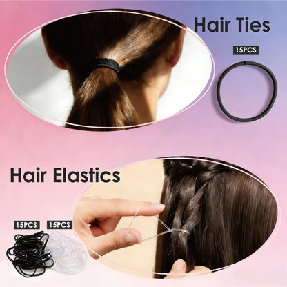 Compact portable travel case filled with B1jounie YA premium hair ties rubber bands and hair nets