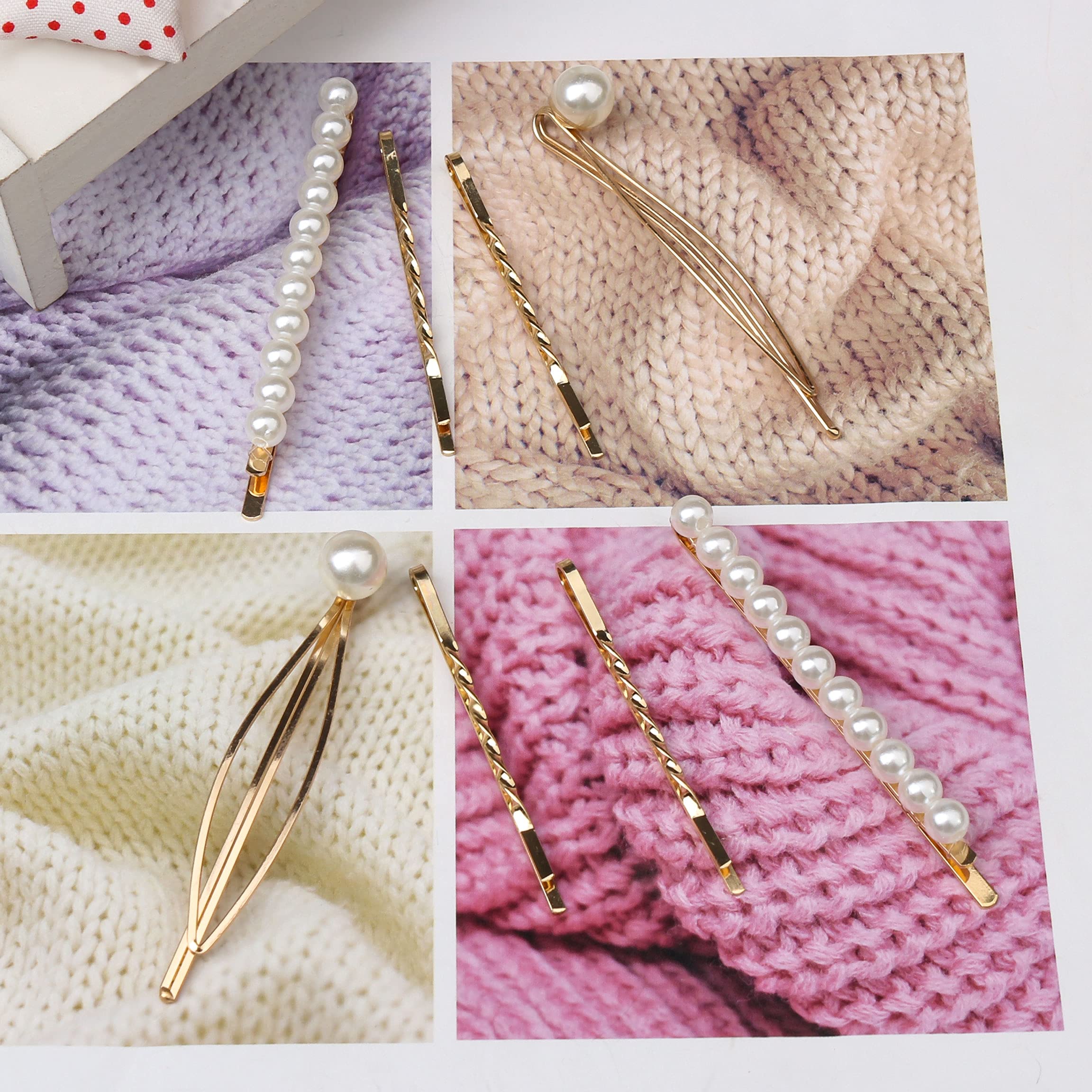 SUMAJU pearl hair clips and triangular diamond shaped barrettes arranged neatly on a styling surface