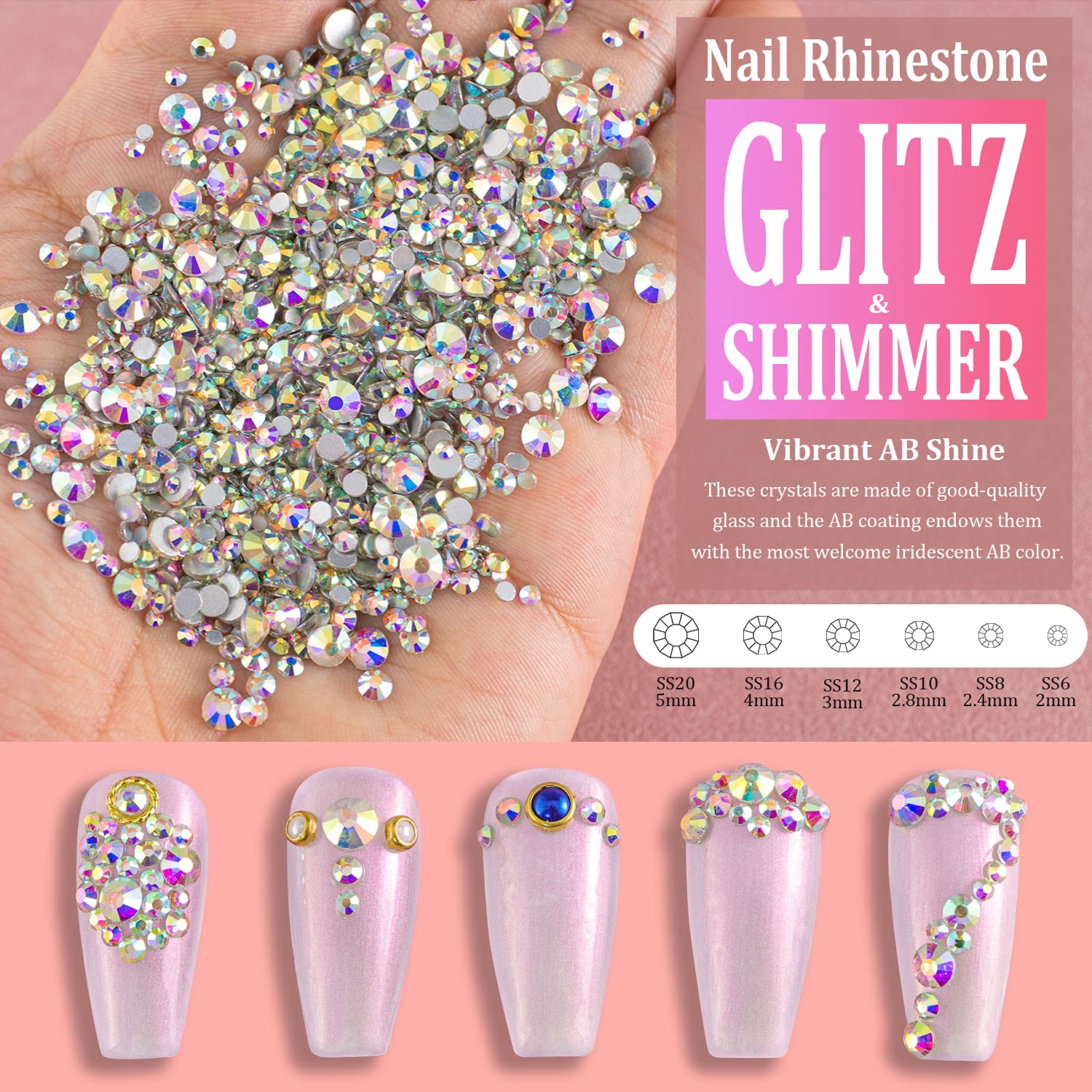 Close up of iridescent round and shaped nail art crystals