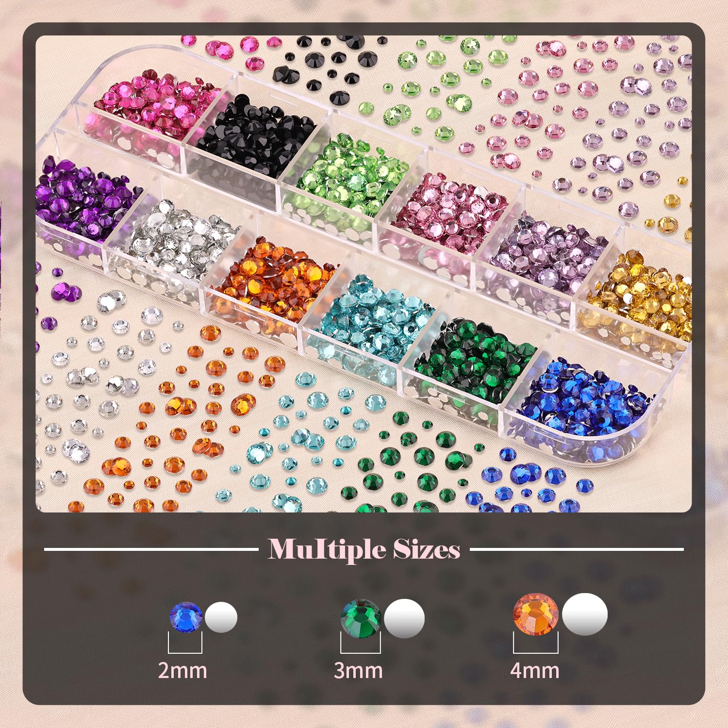 Assorted multicolor flatback rhinestones in storage box