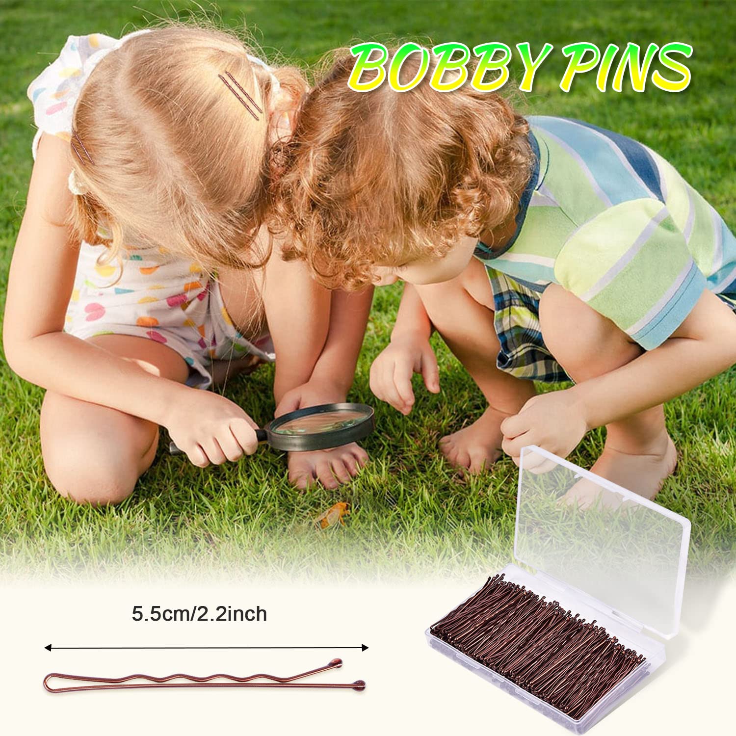 Close up of Morgles brown hair pins highlighting the wavy metal design and protective ball ends.