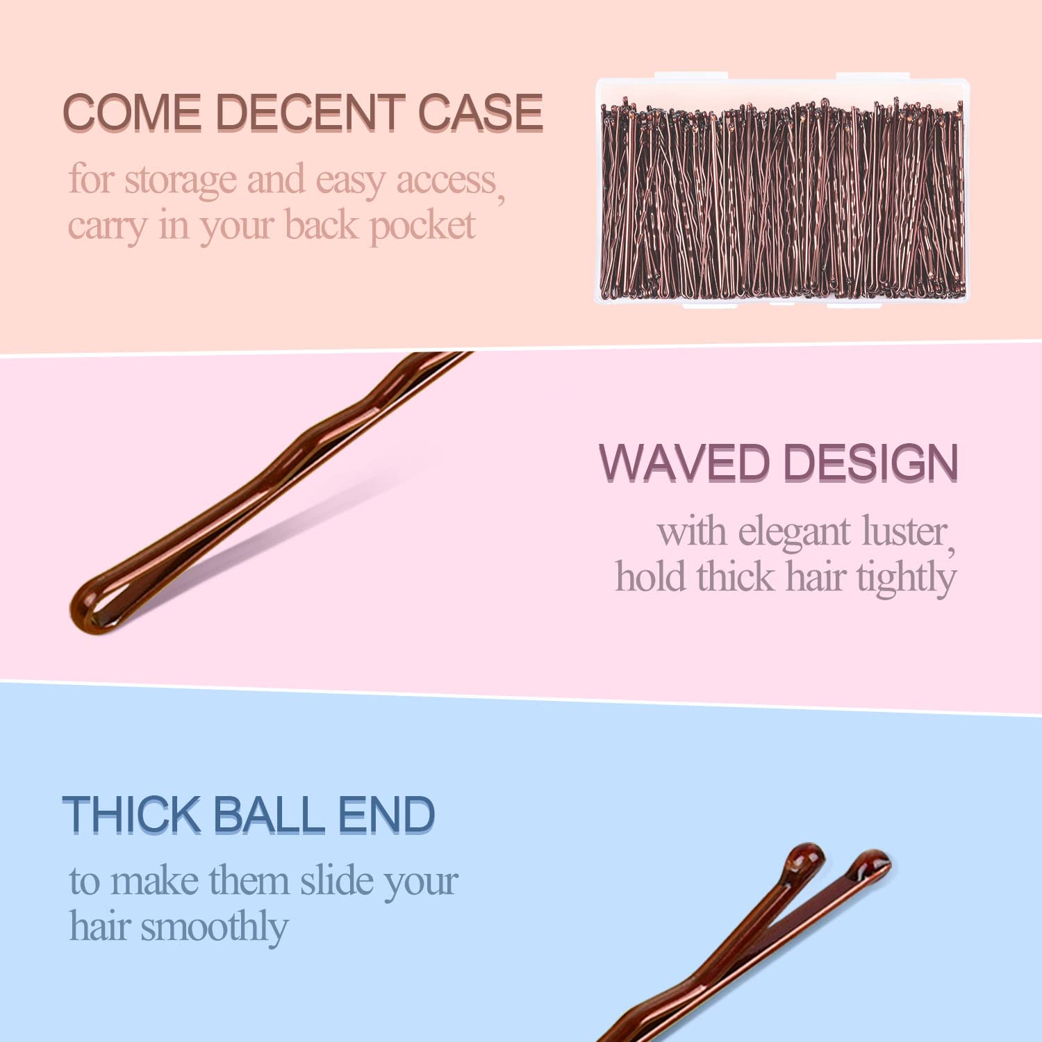 Morgles two point two inch bobby pins arranged neatly to demonstrate the metallic brown color finish.