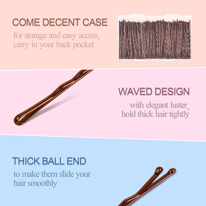 Morgles two point two inch bobby pins arranged neatly to demonstrate the metallic brown color finish.