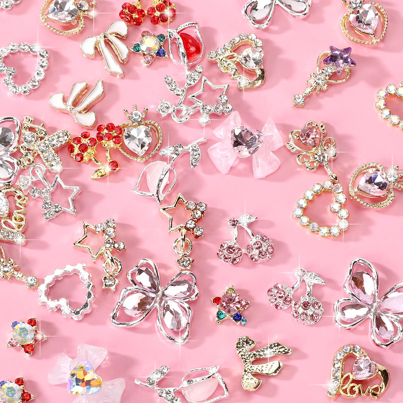 Detailed view of heart and star rhinestone nail art gems
