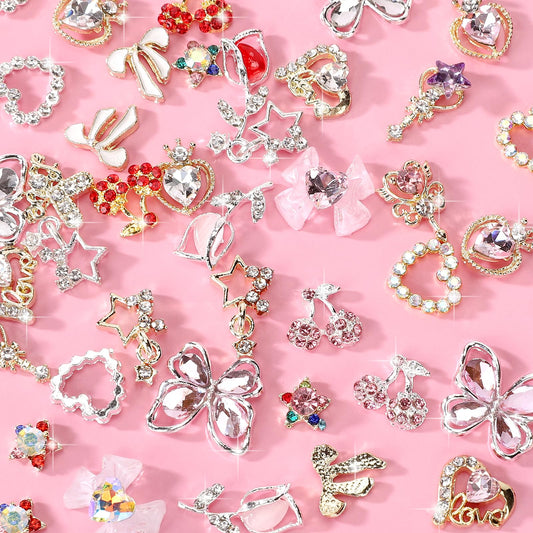 Detailed view of heart and star rhinestone nail art gems